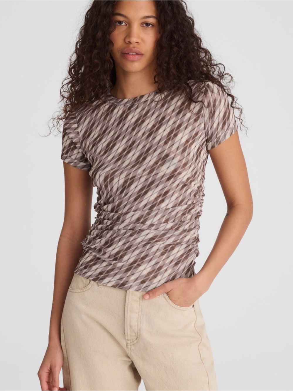 Madewell Brown Mesh-like Patterned Ruched Short Sleeve Top Size M